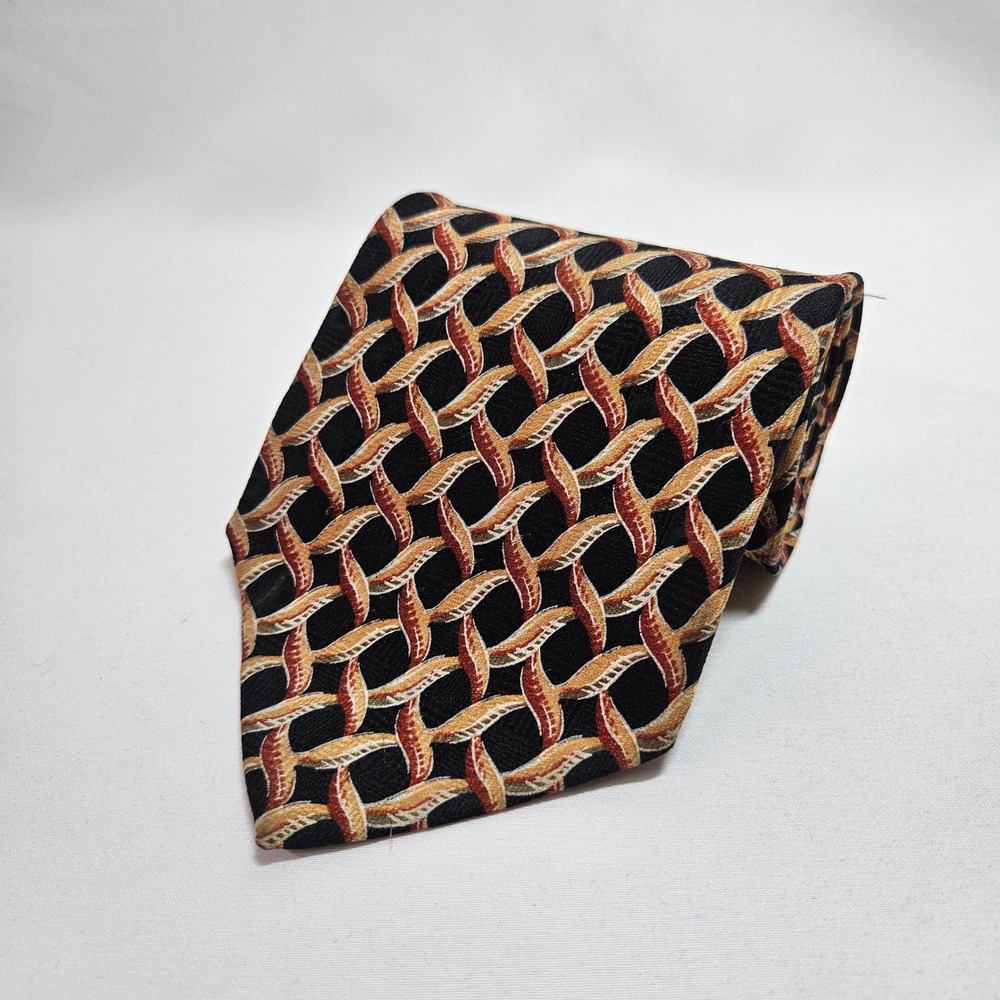 Ike Behar New York Silk Necktie Black Gold Rust Geometric Basketweave 4"x58"